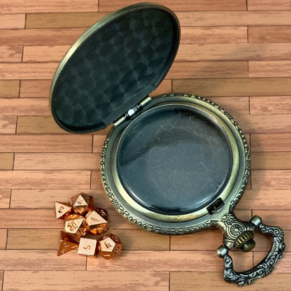Gold Steampunk Style Pocket Watch Shell with Metal Micro Dice Set