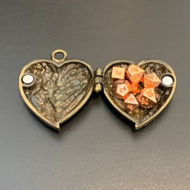 Antique Gold Heart Wings Locket with Metal Micro Dice Set