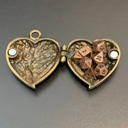 Antique Gold Heart Wings Locket with Metal Micro Dice Set