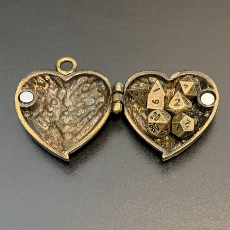 Antique Gold Heart Wings Locket with Metal Micro Dice Set