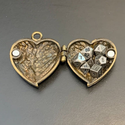 Antique Gold Heart Wings Locket with Metal Micro Dice Set