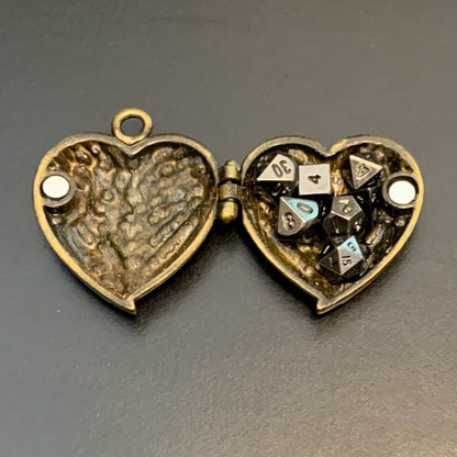 Antique Gold Heart Wings Locket with Metal Micro Dice Set