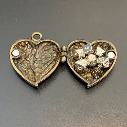 Antique Gold Heart Wings Locket with Metal Micro Dice Set