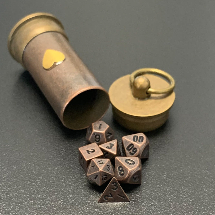 Steampunk Heart Vial with Metal Micro Dice Set