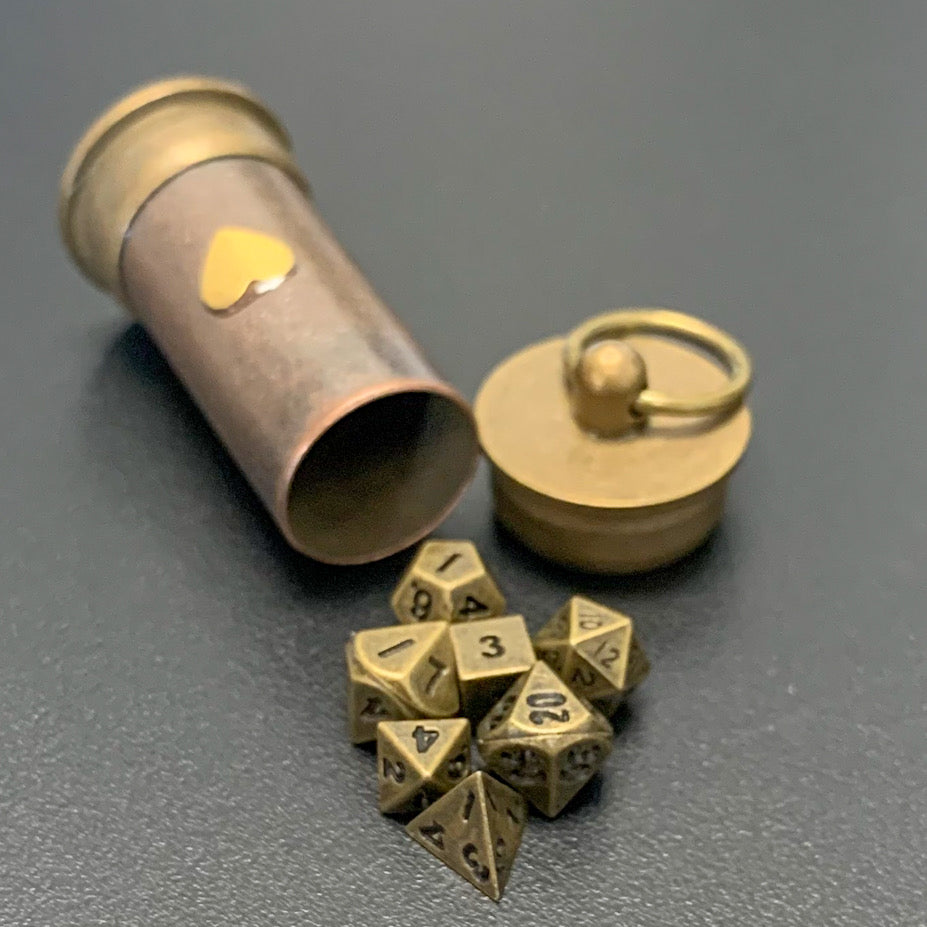 Steampunk Heart Vial with Metal Micro Dice Set