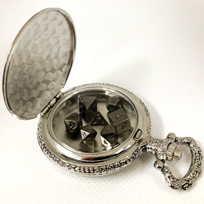 Silver Steampunk Style Pocket Watch Shell with Metal Micro Dice Set